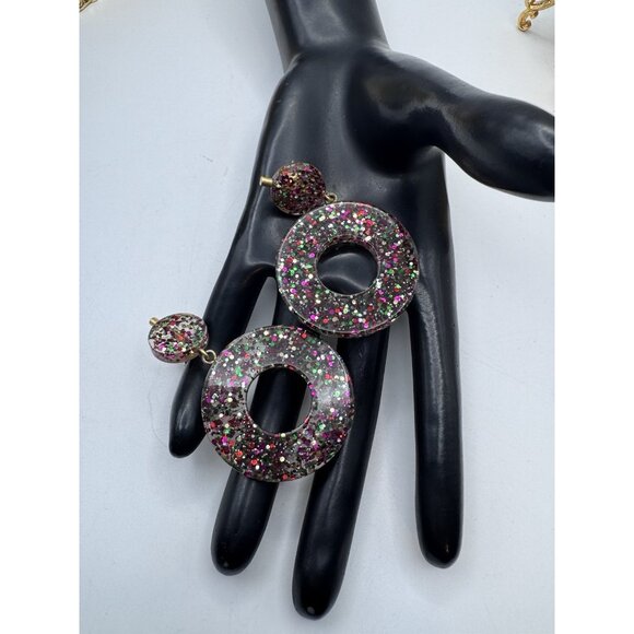 FASHION ACRYLIC CONFETTI ROUND RAINBOW DANGLE PIERCED EARRINGS - Picture 7 of 10